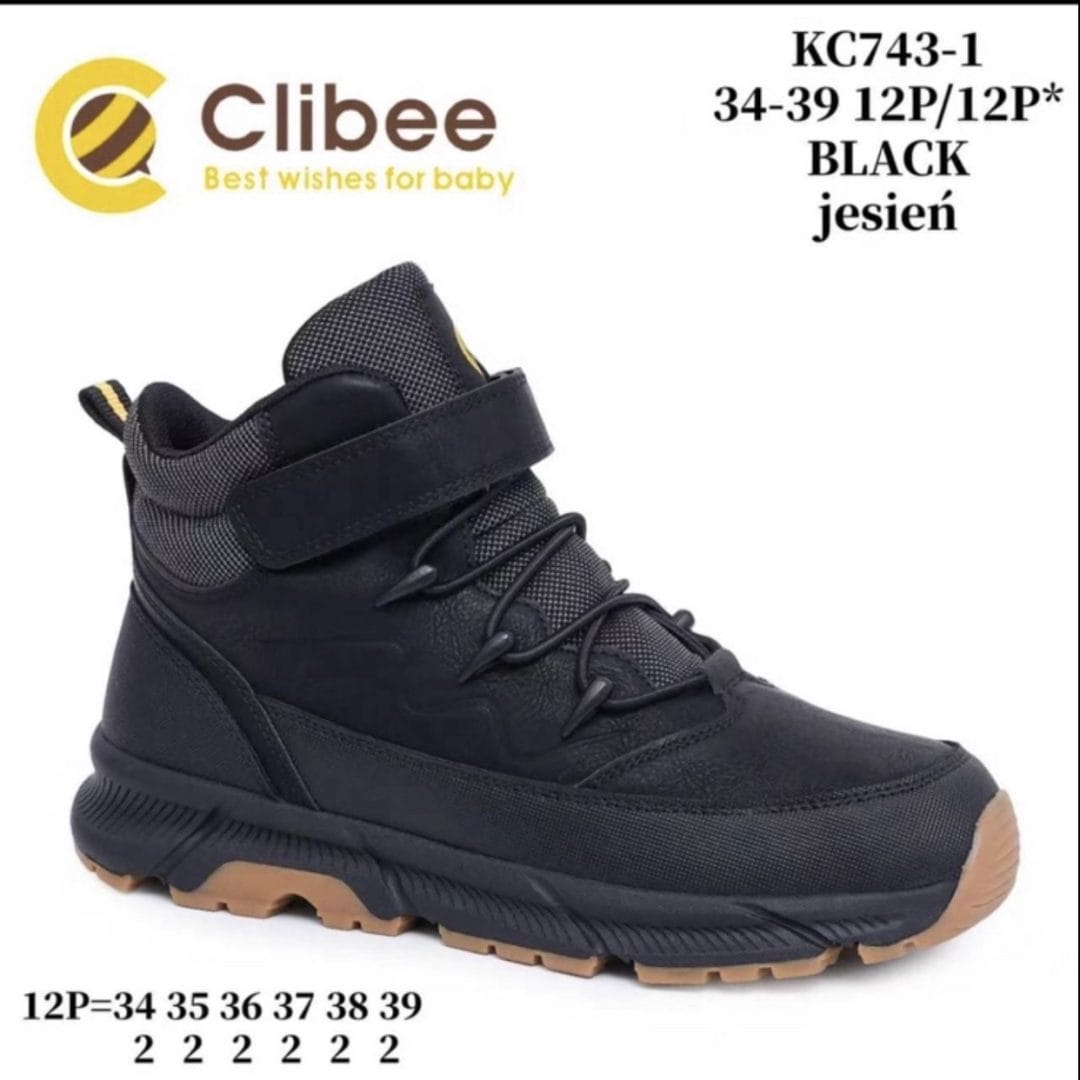 Дитячі черевики Clibee KC743 чорного кольору для хлопчиків, розміри 34-39.